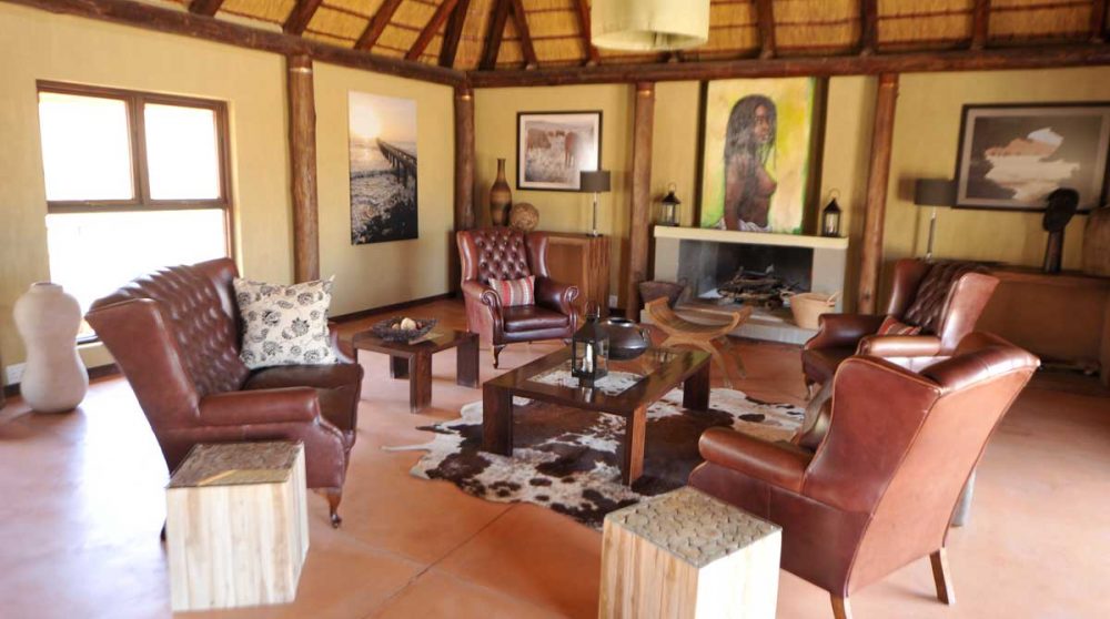 Salon avec une cheminée en Namibie