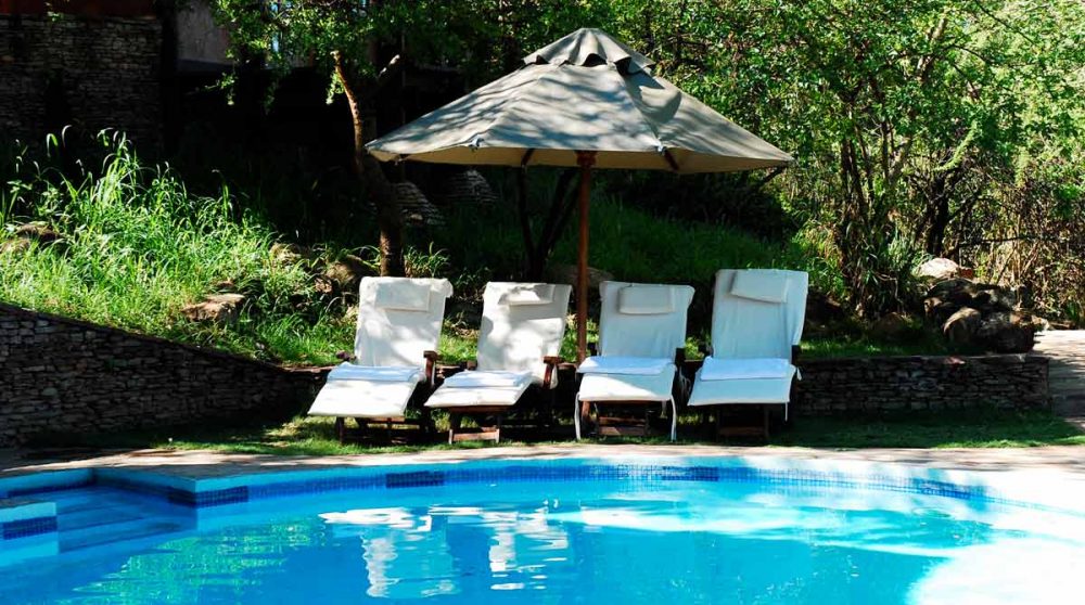 Chaises longues autour de la piscine dans le parc du Serengeti