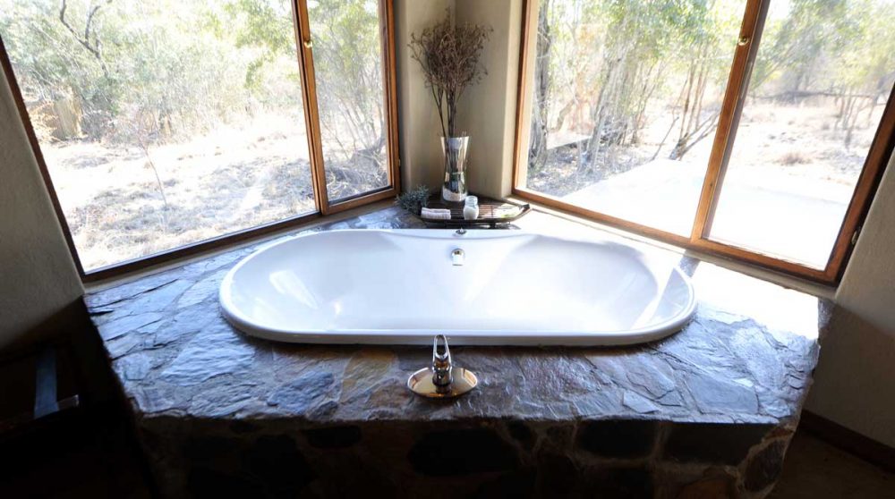 Une baignoire donnant sur le jardin